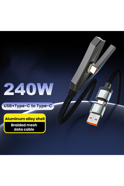 Choice كابل شحن سريع أسود 240 واط 2 في 1 USB A/Type C مع حامل هاتف قابل للطي،...