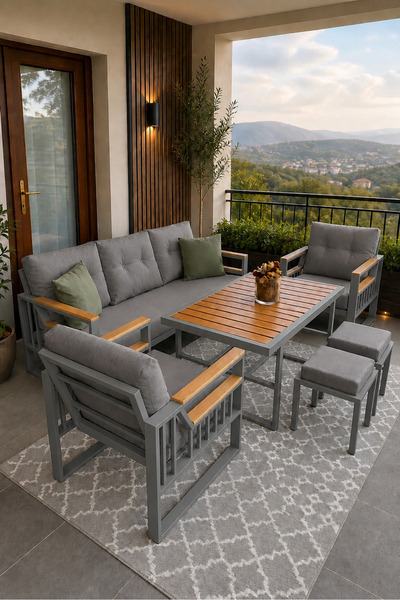 Rovena ESİNTİ Balkon Takımı, GRİ Bahçe Takımı 5+1 (Masa 70x110 3lü Koltuk 70x...