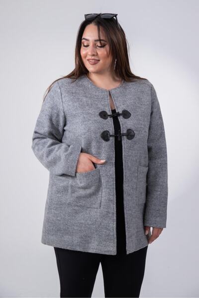 Roxxlen Women's Plus Size Crew Neck Melange Cashmere Coat