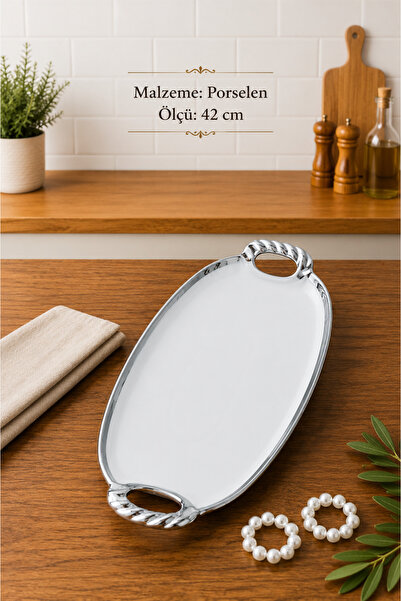 RUBİ PORSELEN Arven Oval Porcelain Silver Presentation Tray - 42 cm
