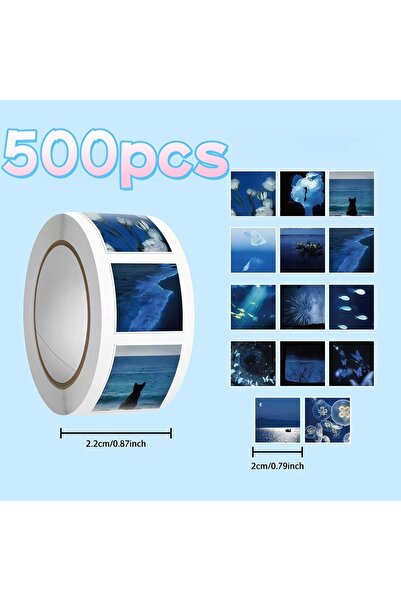 Choice ملصقات زرقاء بتصميمات طبيعية وبحرية، 500 قطعة/لفة، ملصقات جمالية للديك...