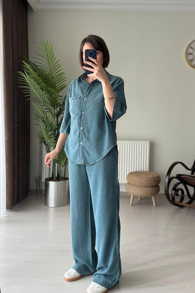 Kubos Moda Tensel Denim Blue Women's Shirt and Pants Set