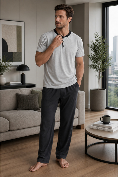 Bravie Men's Buttoned Collar Solid Color Short Sleeve Slim Pajama Set Gray