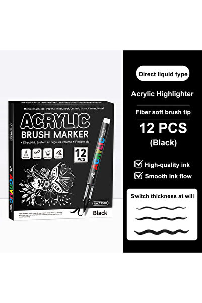 Choice1 12 Black Acrylic Paint Markers Brush Tip, 12 pcs soft tip black & whi...