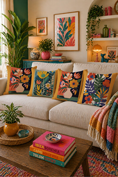 LadiesHome Colorful Floral Patterned 4-Piece Throw Pillow Cover 43X43 cm Doub...