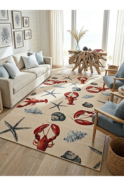 Rugs Modern Halı SDT Sahil Evi Deniz Temalı Istakoz ve Deniz Yıldızlı Dokuma ...