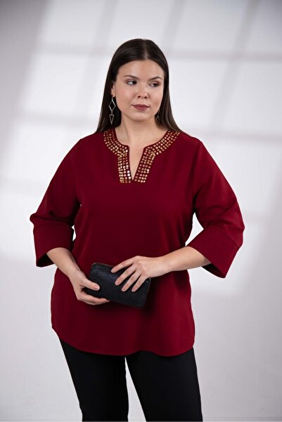 Roxxlen Women's Plus Size Collar Sequin Embroidered Blouse