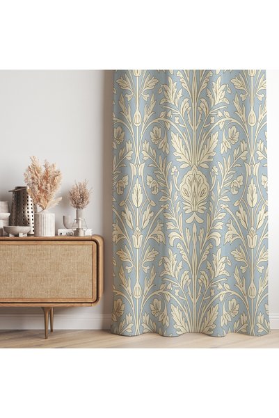 Hanna Home Minimal Açık Mavi ve Beyaz Floral Desenli Kadife Görünümlü Salon F...
