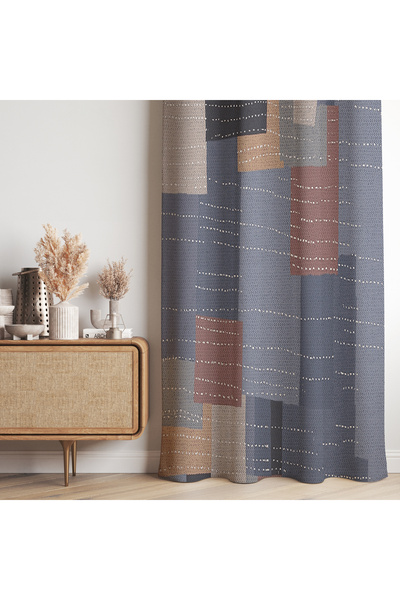 Hanna Home Mavi Kırmızı Geometrik Desenli Kadife Görünümlü Salon Fon Perde