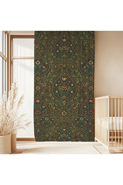Hanna Home Yeşil Floral Desenli Kadife Görünümlü Salon fon perde