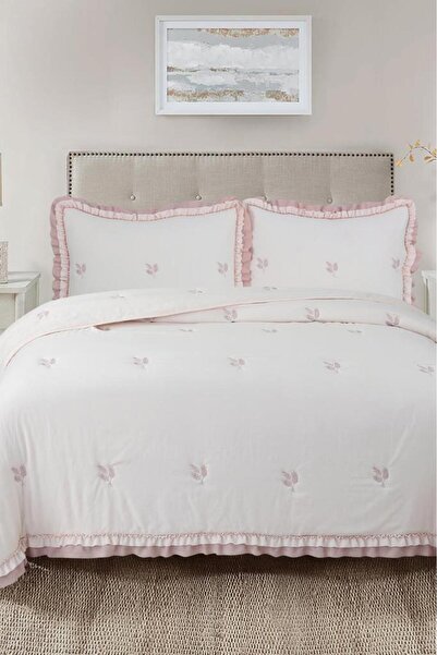 Çeyiz Diyarı Bigo Embroidered Ruffled Double Bedspread Powder