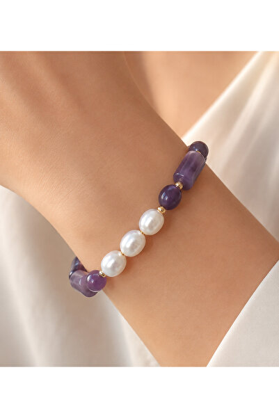BNG AKSESUAR Natural Stone Amethyst Real Pearl Bracelet Handmade Jewelry