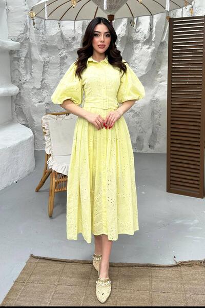 Caddebostan Moda فستان نسائي بياقة قميصية مطرزة وحزام وأكمام بالون مطوية بطول...
