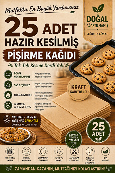 25 Adet Doğal Ağartılmamış Kesilmiş Pişirme Kağıdı Kraft Kahverengi Yanmaz Yapışmaz Fırın Kağıdı