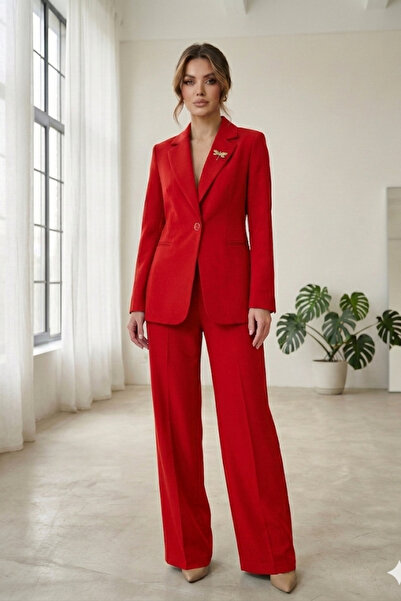 diaves Red Women's Accessory Lined Single Button Blazer Jacket & Fabric Trous...