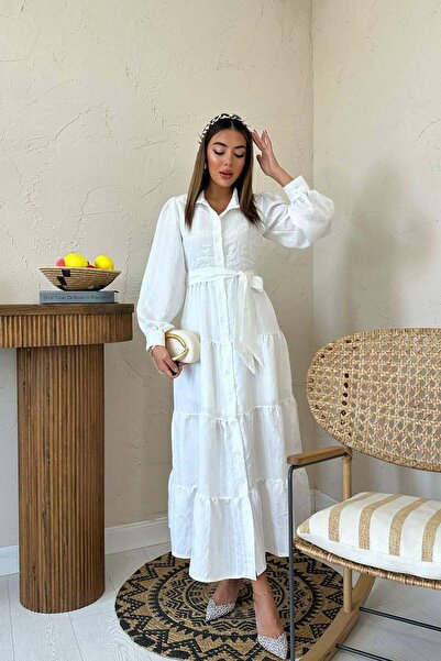 Caddebostan Moda Belted Striped Shirt Collar Layered Long Dress