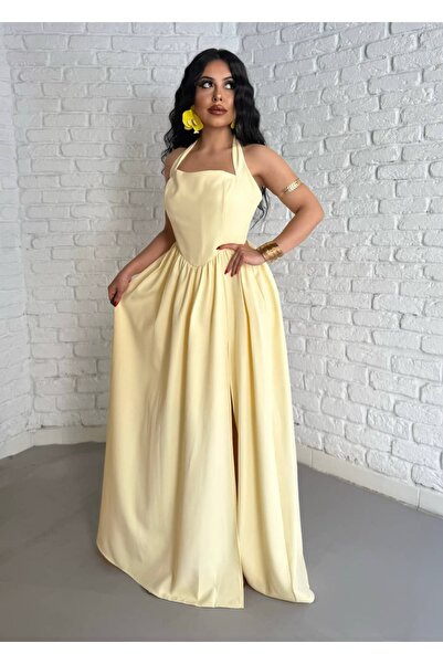 moneta boutique Rochie lungă și pufoasă pentru femei, cu decolteu halter și șliț