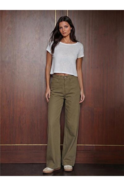 WeShaya Khaki Cotton Gabardine Fabric High Waist Wide Leg Palazzo Trousers