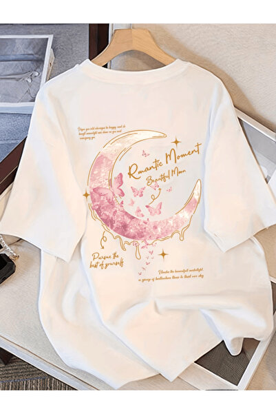 one button Pink half moon butterfly pattern printed premium oversize t-shirt