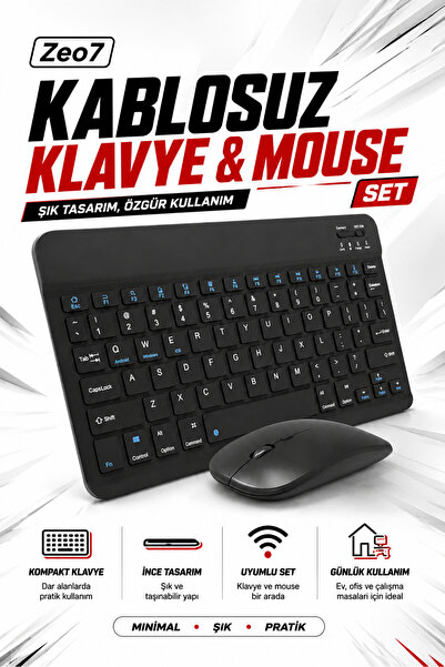 Zeo7 Mini Kablosuz Klavye Mouse Seti, İnce Taşınabilir Tasarım, Tablet Telefo...