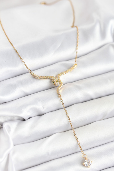 MEKs 316L Steel Chain Gold Color Snake Model Y Necklace 5886 - Hep-8184-7434