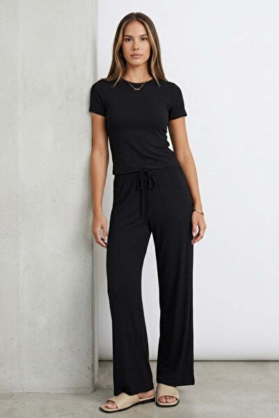 Madmext Black Modal Soft Touch Tie-Up Tracksuit Mg2723