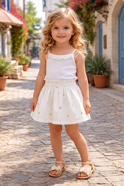 Girl MÜSLİN fabric embroidery print elastic waist cotton ecru shorts skirt