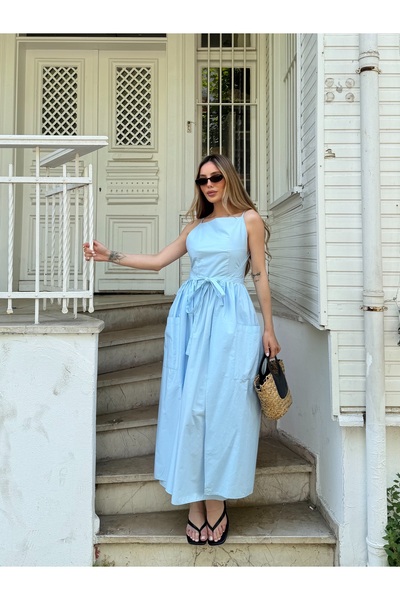 Laluvia Baby Blue Thin Straps Long Dress with Double Tie at the Waist - 2011
