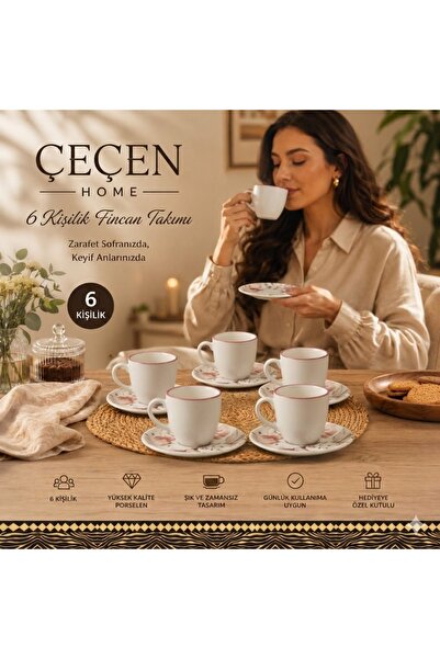 ÇEÇEN HOME Düz Beyaz Renk Tabakları Çiçek Desenli 6 Kişilik Porselen Fincan T...
