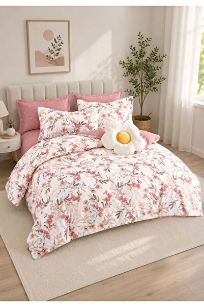 ELEGANZA Finet Duvet Cover Set with Stretchy 6 pieces – pink-cream floral pat...