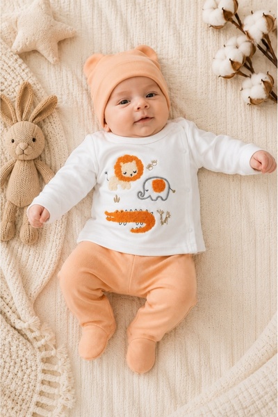 Pure Boutique Compleu bebe portocaliu din bumbac cu caciulita si imprimeu ani...