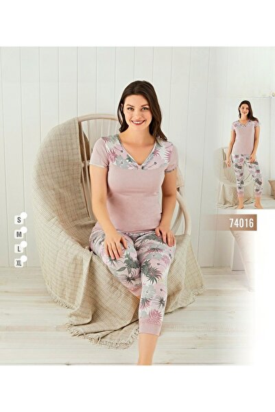 turkish Women's Sleepwear Two Piece Lace Short Sleeve Top and Floral Print Ca...