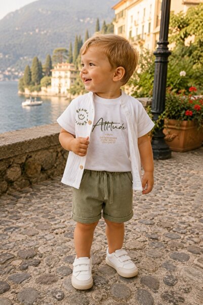 Pure Boutique Baby boy 3-piece set with muslin shirt, sage green pants and t-...