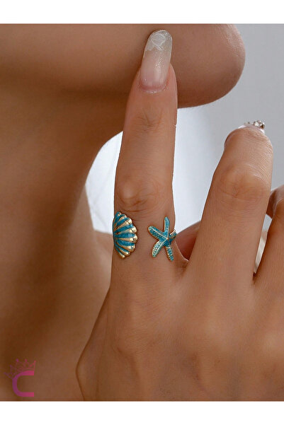 Cinderella Accessories Blue Enamel Starfish Shell Adjustable Steel Women's Ri...