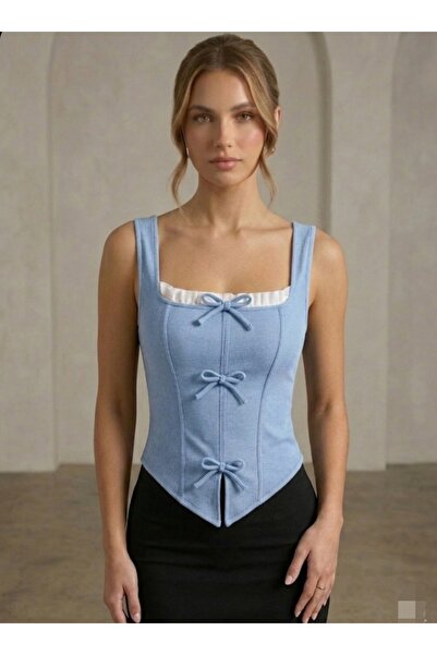 aytenli Square Neckline Thick Strap Bow and Ruffle Detail Piping Bottom Trian...
