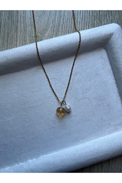 Pel Design 8 mm Citrine Stone Real Pearls Gold and Silver Plated Pendant Hand...