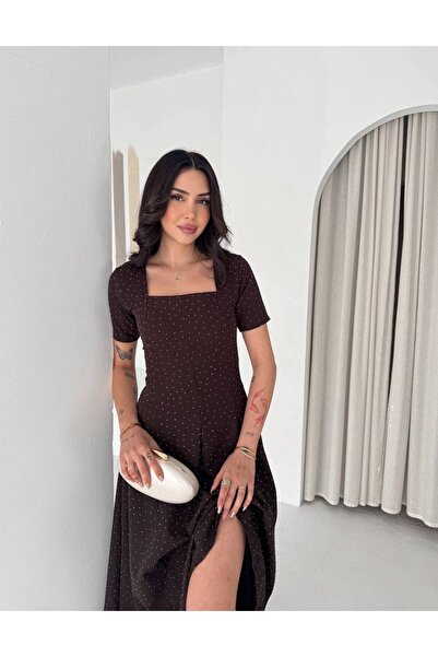 Narstorm Square Neckline Stone Detailed Maxi Dress