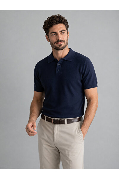KAREL BUTİK Men's Slim Fit Buttoned Navy Blue Polo Neck T-Shirt