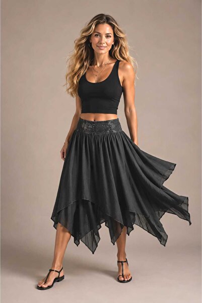 Boutique Juji BOHEM VİNTAGE DOKULU ASİMETRİK ANTRASİT ETEK