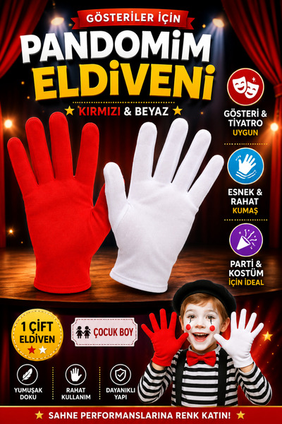 Tamsena Store 1 Çift Kırmızı Beyaz Pandomim Eldiveni Çocuk Boy Gösteri Tiyatr...