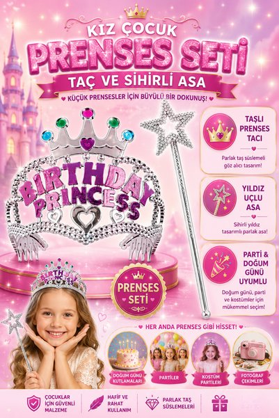 Tamsena Store Kız Çocuk 2'li Prenses Taç ve Asa Seti Doğum Günü Parti Kostüm ...