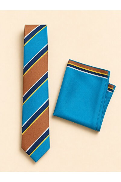Çıkrık Turquoise Brown Gold Striped Tie and Handkerchief Set