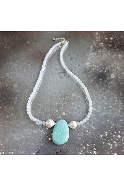 DRUZY White jade necklace with amazonite and pearls, Inner Peace #65