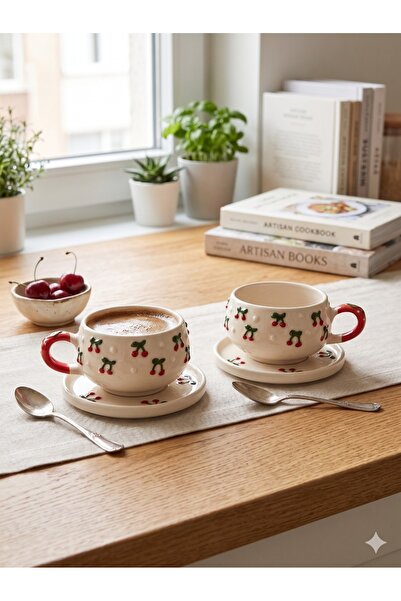 Homerest Set of 2 Handmade Cherry Ceramic Plates and Turkish Coffee Cup with ...