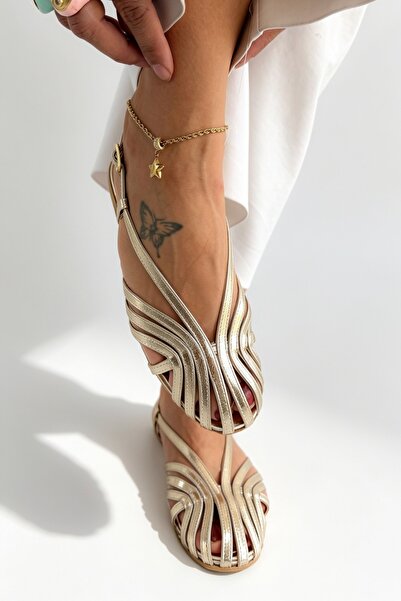 Shoebutik Rosamar Gold Leather Band Detail Flat Sole Women's Sandals