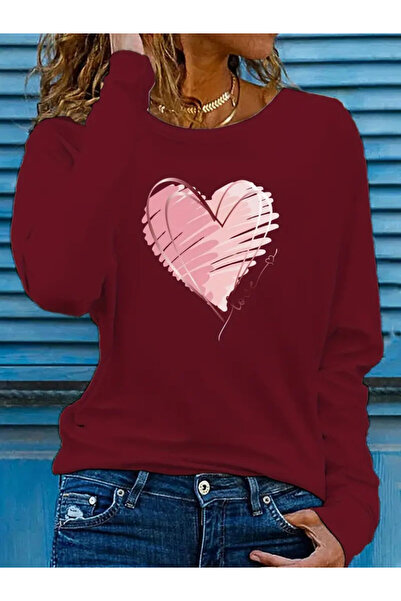 Efnaz style Women's Long Sleeve Crew Neck Heart Patterned Viscose Blouse
