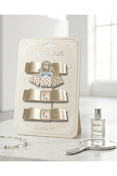 pegu baby collection Set de 3 agrafe cu piatră, cu panglică din satin ecru, s...