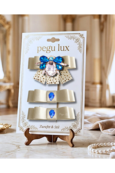 pegu baby collection Set de 3 agrafe cu piatră, cu panglică din satin ecru, s...