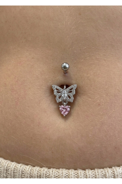 kurukafagift Kelebek Göbek Piercing Çelik Pembe Kalp Taşlı Sallantılı