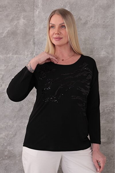 Javelin Collection Front Sequin Embroidered Crew Neck Blouse